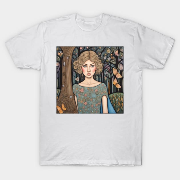 Rosamund Pike as a fairy in the woods T-Shirt by Colin-Bentham